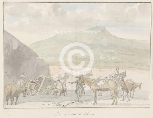 Tour company sedan chair overturns near river Platini, 1778. Creator: Louis Ducros.