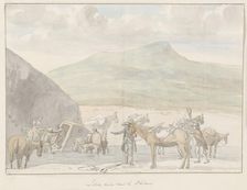 Tour company sedan chair overturns near river Platini, 1778. Creator: Louis Ducros