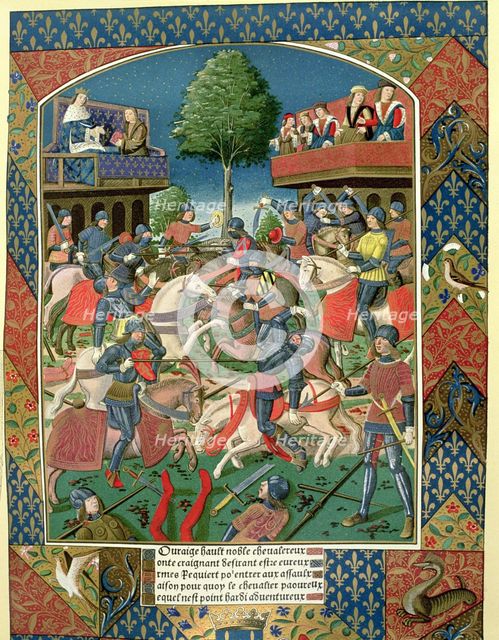 Tournament between gentlemen, miniature of the work 'Lancelot du Lac', 1491, printed by A. Verard.