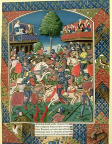Tournament between gentlemen, miniature of the work Lancelot du Lac 1491, printed by A. Verard