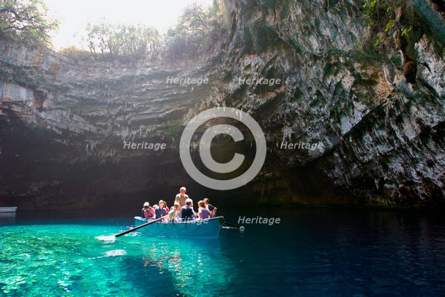 Tourist boat on Melissani Lake, Kefalonia, Greece. Creator: Peter Thompson.