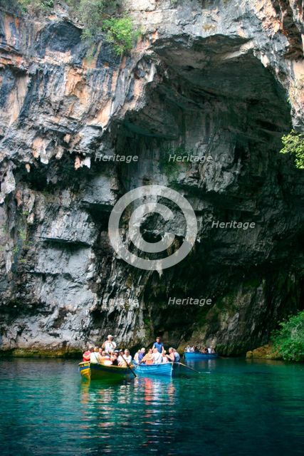 Tourist boat trip, Melissani Lake, Kefalonia, Greece. Creator: Peter Thompson.