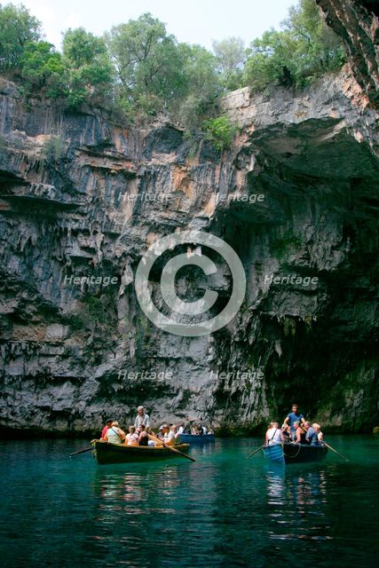 Tourist boat trip, Melissani Lake, Kefalonia, Greece. Creator: Peter Thompson.