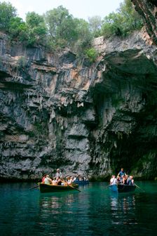 Tourist boat trip, Melissani Lake, Kefalonia, Greece. Creator: Peter Thompson