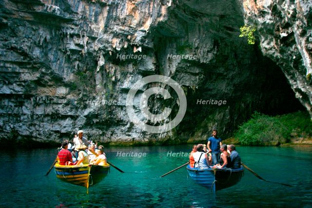 Tourist boat trip, Melissani Lake, Kefalonia, Greece. Creator: Peter Thompson.
