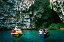 Tourist boat trip, Melissani Lake, Kefalonia, Greece. Creator: Peter Thompson