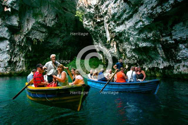 Tourist boat trip, Melissani Lake, Kefalonia, Greece. Creator: Peter Thompson.