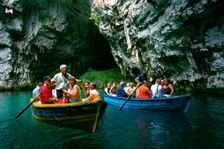 Tourist boat trip, Melissani Lake, Kefalonia, Greece. Creator: Peter Thompson