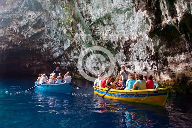 Tourist boats, Melissani Lake, Kefalonia, Greece. Creator: Peter Thompson.