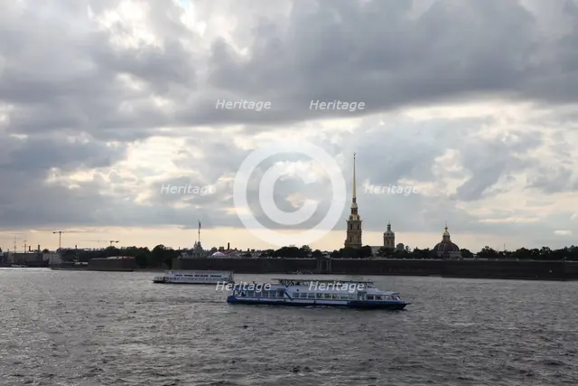 Tourist boats on the Neva in front of the Peter and Paul Fortress, St Petersburg, Russia, 2011. Creator: Sheldon Marshall.