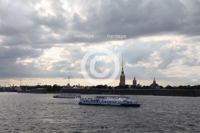 Tourist boats on the Neva in front of the Peter and Paul Fortress, St Petersburg, Russia, 2011. Artist: Sheldon Marshall
