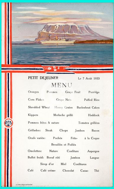 Tourist Menu of a cruise through the Norway fiords, 1933.