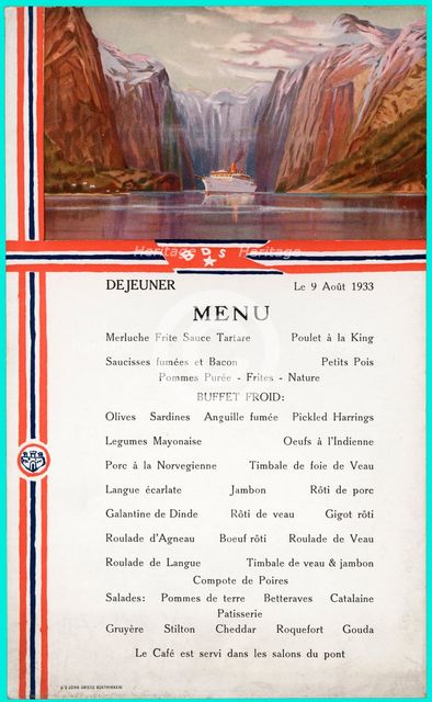 Tourist Menu of a cruise through the Norway fiords, 1933.