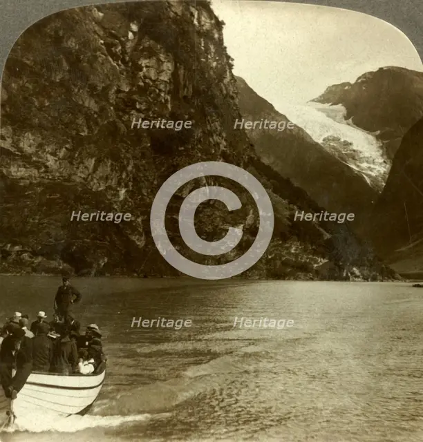 'Tourists crossing Lake Loen - view across to a huge glacier, Norway', c1905. Creator: Unknown.