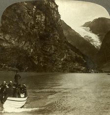Tourists crossing Lake Loen - view across to a huge glacier, Norway c1905. Creator: Unknown