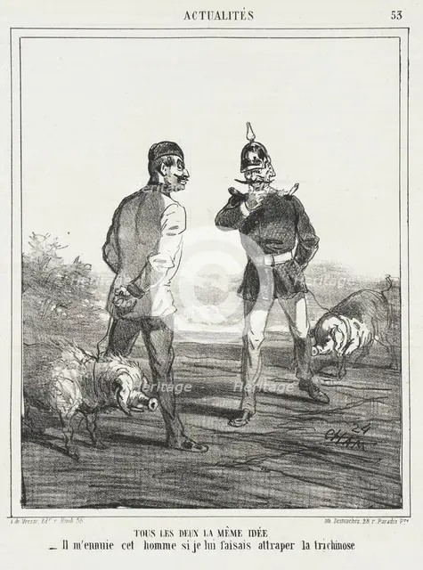 Tous les deux la même idée. -Il m'ennuie cet homme se je lui faisais attraper la trichinose?, 1866. Creator: Cham.