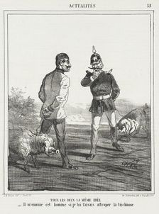 Tous les deux la même idée. -Il m'ennuie cet homme se je lui faisais attraper la trichinose?, 1866. Creator: Cham