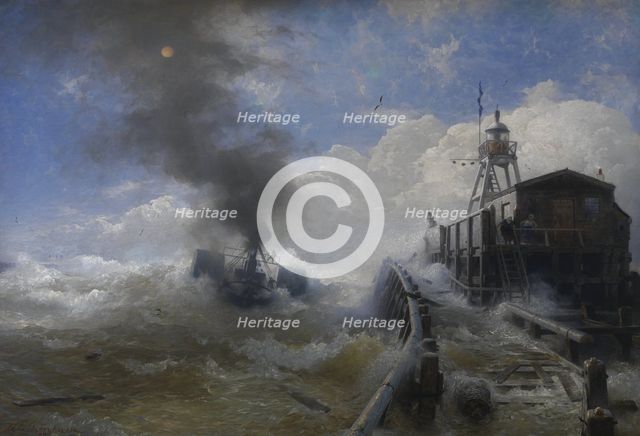 Towboat leaving the port of Ostend at heyday, before 1882. Artist: Achenbach, Andreas (1815-1910)