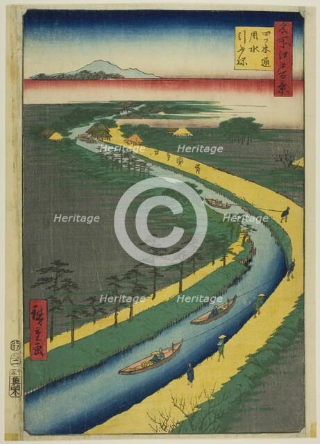 Towboats along the Yotsugidori Canal (Yotsugidori yosui hikifune), from the series "One..., 1857. Creator: Ando Hiroshige.