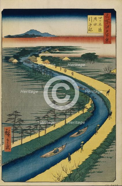 Towboats on the Yotsugi dori Canal (One Hundred Famous Views of Edo), 1856-1858. Artist: Hiroshige, Utagawa (1797-1858)