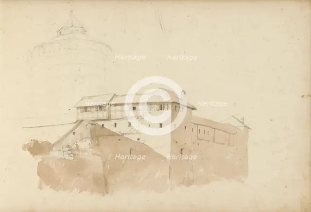 Tower and a building with a half-timbered facade, 1820-1896. Creator: Kasparus Karsen.