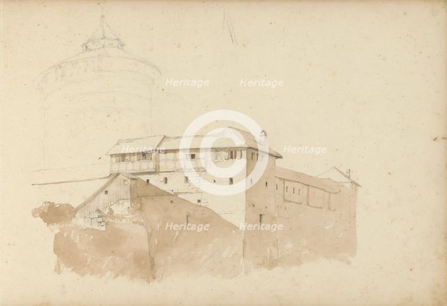 Tower and a building with a half-timbered facade, 1820-1896. Creator: Kasparus Karsen.