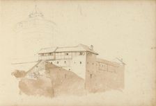 Tower and a building with a half-timbered facade, 1820-1896. Creator: Kasparus Karsen