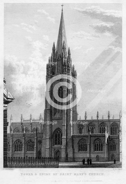 Tower and spire of Saint Mary's Church, Oxford, 1833.Artist: John Le Keux