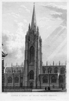Tower and spire of Saint Mary's Church, Oxford, 1833.Artist: John Le Keux