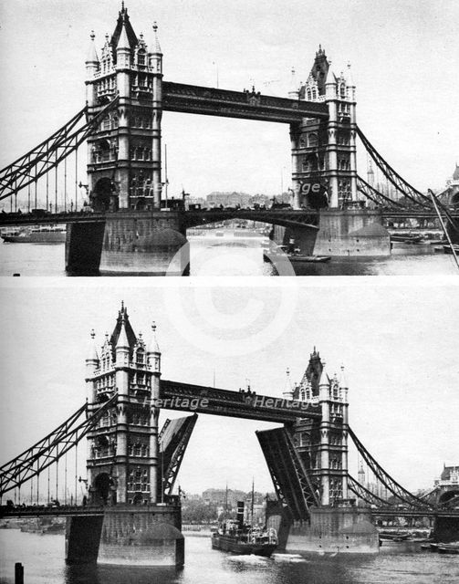Tower Bridge open and closed, London, 1926-1927. Artist: McLeish