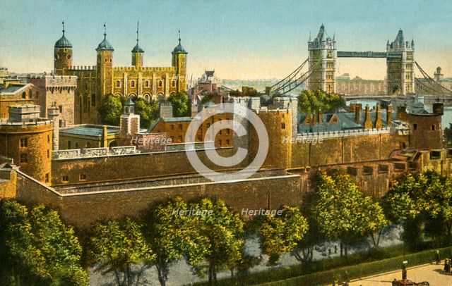 Tower Bridge and the Tower of London, c1910.  Creator: Unknown.