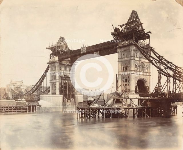 Tower Bridge under construction, London, c1893. Artist: Unknown
