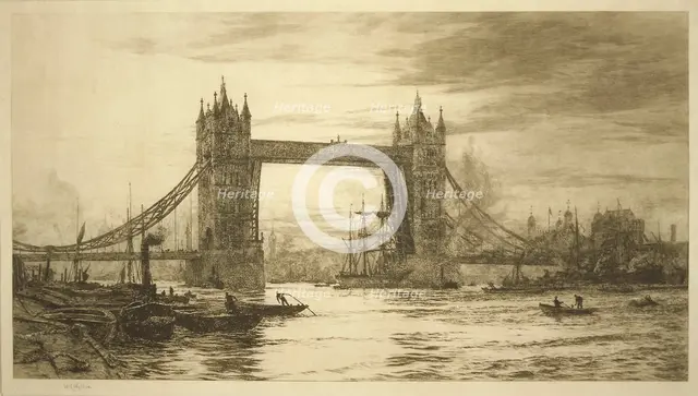 Tower Bridge viewed from the River Thames, London, c1894-1931. Artist: William Lionel Wyllie