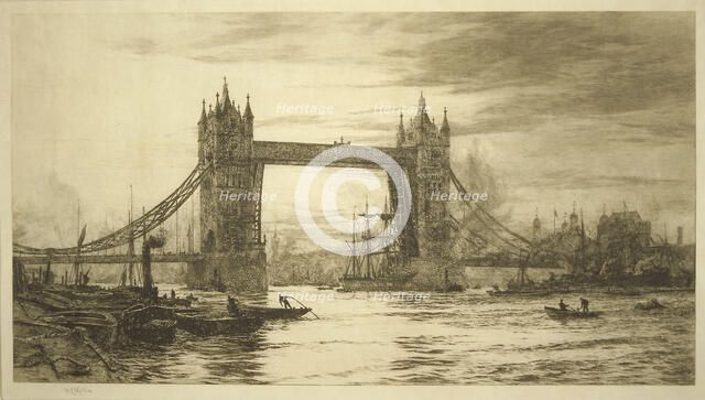 Tower Bridge viewed from the River Thames, London, c1894-1931. Artist: William Lionel Wyllie