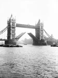 Tower Bridge with bascules open, London, c1905