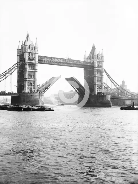 Tower Bridge with bascules open, London, c1905. Artist: Unknown