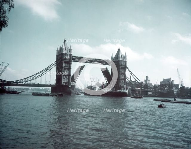 Tower Bridge with bascules raised, London, c1955.  Creator: Arthur Charles Kirby Ware.
