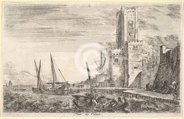 Tower of Calais (Tour de Calais), tower to right, two ships in the sea to left and in cent..., 1647. Creator: Stefano della Bella.