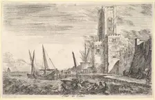 Tower of Calais (Tour de Calais), tower to right, two ships in the sea to left and in cent..., 1647. Creator: Stefano della Bella