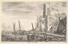 Tower of Calais (Tour de Calais), tower to right, two ships in the sea to left and in cent..., 1647. Creator: Stefano della Bella