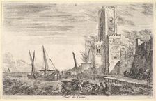 Tower of Calais (Tour de Calais), tower to right, two ships in the sea to left and in cent..., 1647. Creator: Stefano della Bella