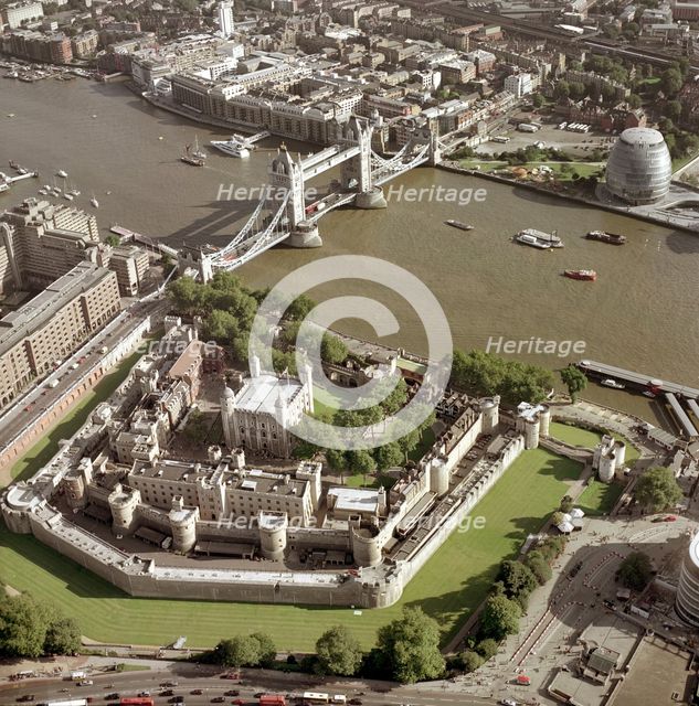 Tower of London, Tower Bridge and the new Greater London Authority building, London,2002. Artist: EH/RCHME staff photographer
