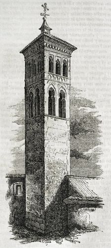 Tower of the Church of San Román, Toledo, Spain, 1852. Built in the 13th century in Mudejar style. Creator: Unknown
