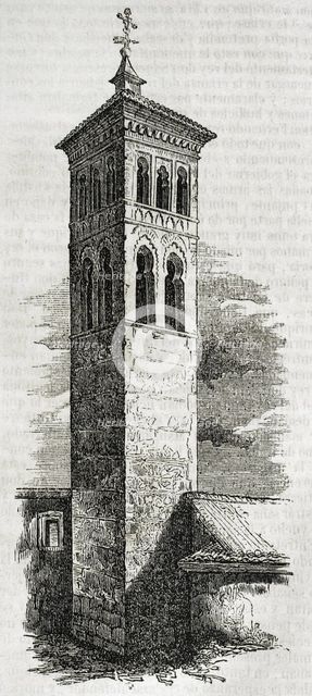 Tower of the Church of San Román,  Toledo, Spain, 1852. Built in the 13th century in Mudejar style.  Creator: Unknown.