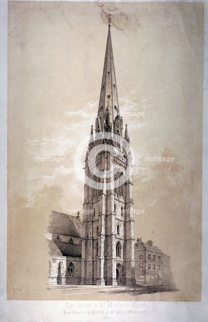 Tower of the Church of St Matthew, Great Peter Street, Westminster, London, 1850. Artist: Day & Son