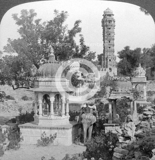 Tower of Victory amd royal cenotaphs, Chittaurgarh, India, 1904.Artist: Underwood & Underwood