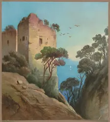 Tower ruins overlooking the sea (Gulf of Naples?), 19th century. Creator: Unknown