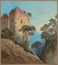 Tower ruins overlooking the sea (Gulf of Naples?), 19th century. Creator: Unknown
