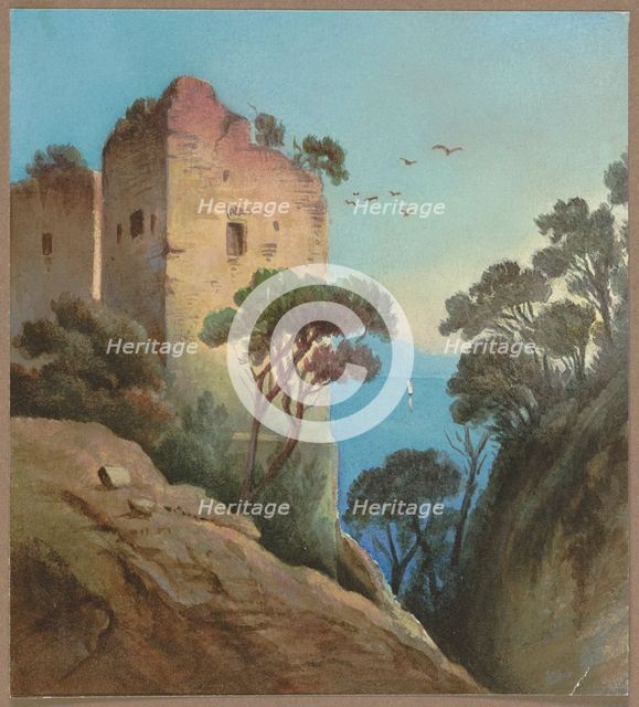 Tower ruins overlooking the sea (Gulf of Naples?), 19th century. Creator: Unknown.