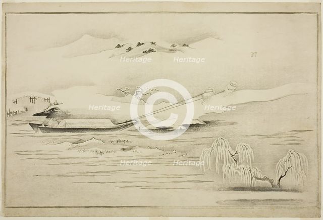 Towing a Barge in the Snow, from the album The Silver World, Japan, 1790. Creator: Kitagawa Utamaro.